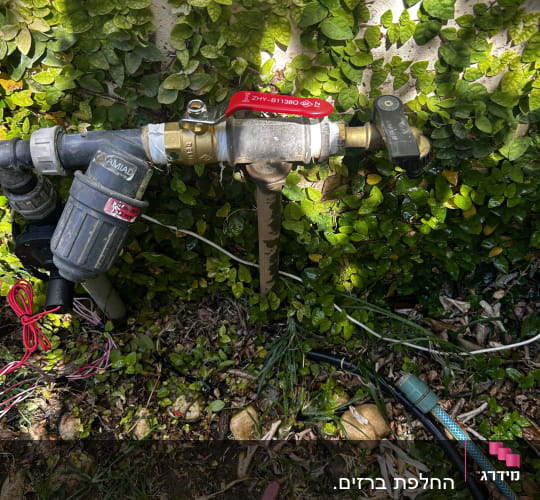 ברז מים עם צינורות וכלים בגינה